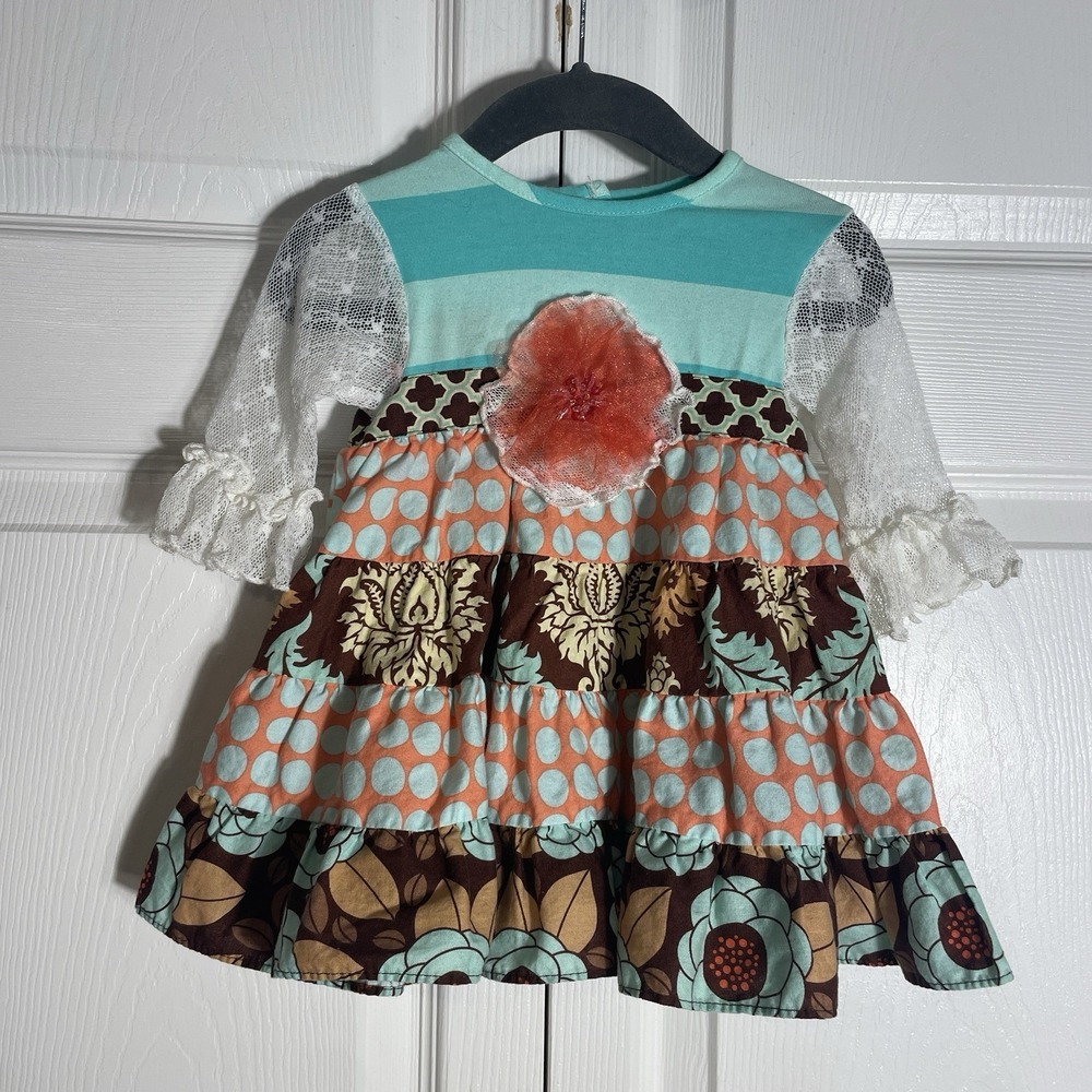 Vintage Peaches N Cream Dress Girls 18 Mos 100% Cotton Tiered Lace Sleeve Flower